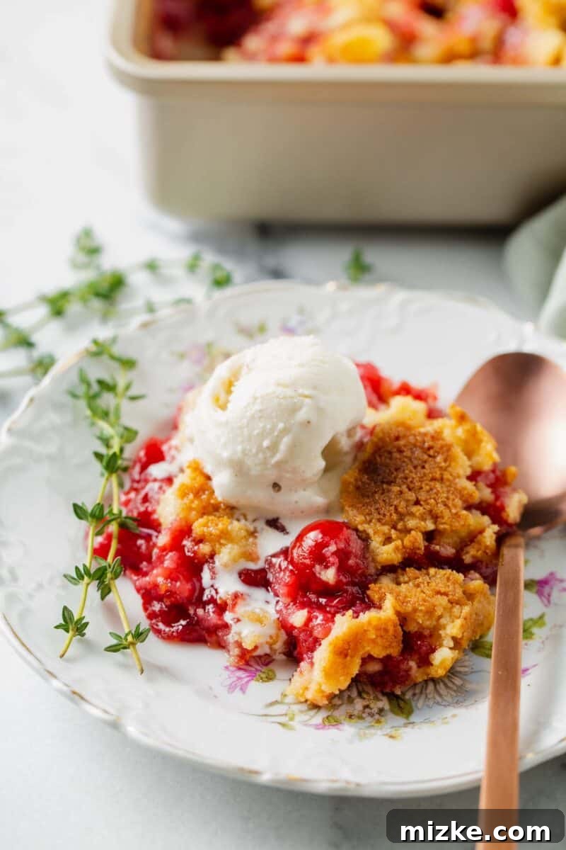 Effortless Cherry Delight 2 A slice of warm cherry dump cake on a floral dessert plate, topped with a scoop of melting vanilla ice cream and garnished with fresh thyme sprigs.
