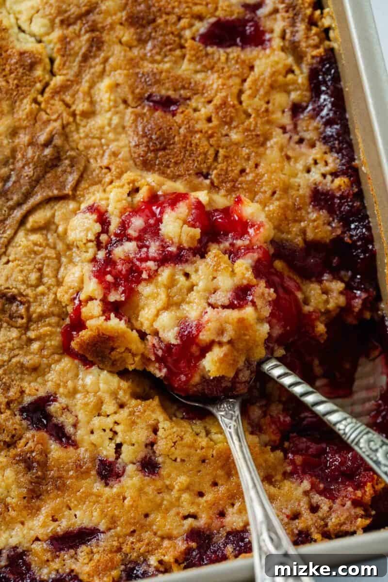 Effortless Cherry Delight 3 Two serving spoons resting in a freshly baked cherry dump cake, showing the bubbling cherry filling and golden cake mix topping.