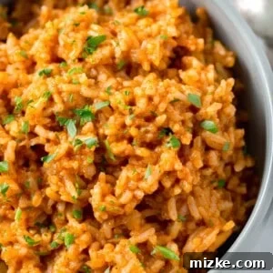 overhead image of instant pot mexican rice in a bowl with fresh parsley garnished on top