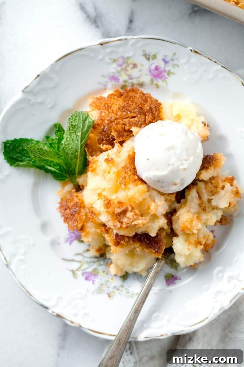 Golden pineapple dump cake on a floral dessert plate, adorned with a fresh mint sprig and topped with a scoop of melting vanilla ice cream.