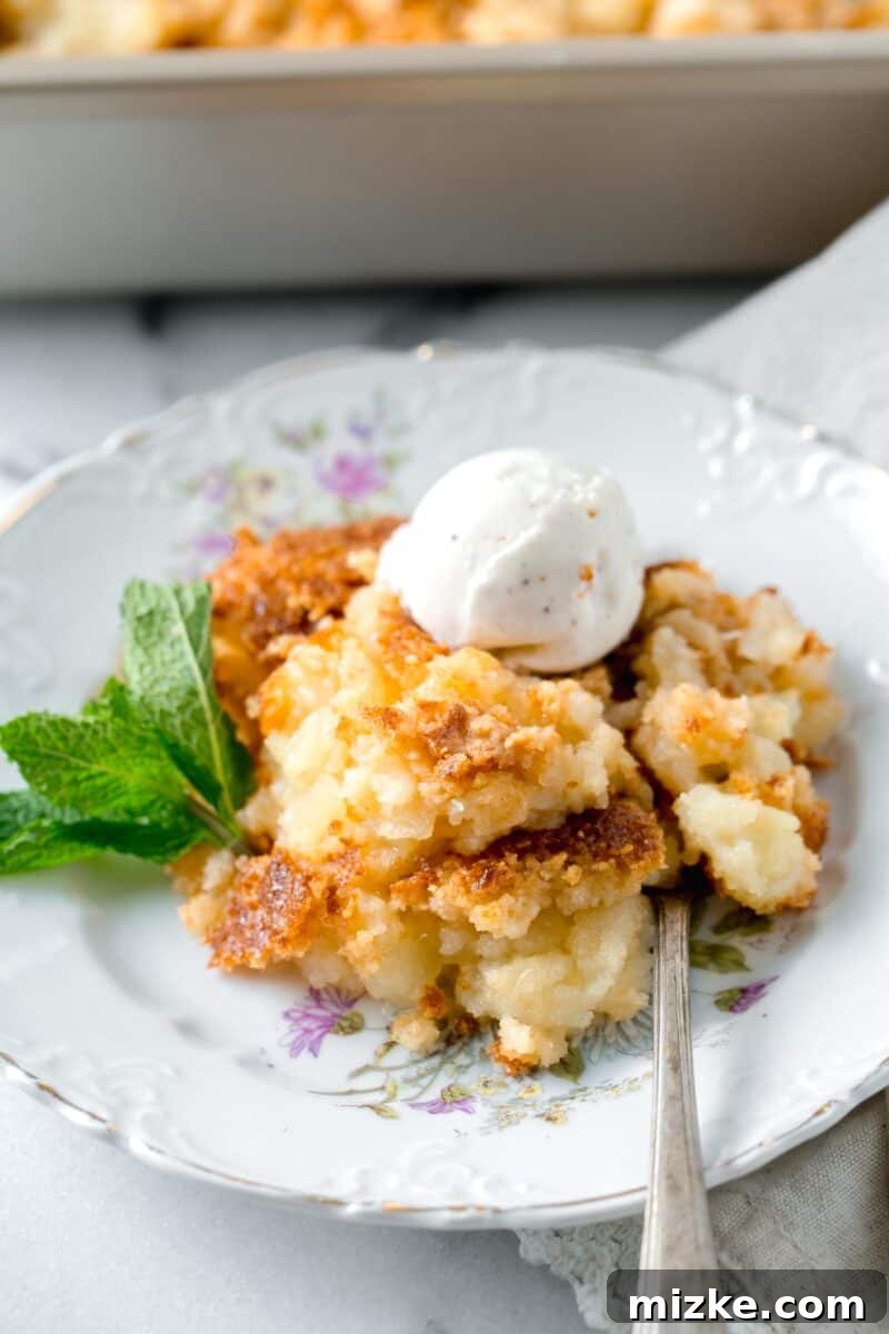 A slice of pineapple dump cake on a floral plate, accompanied by a spoon and a sprig of fresh mint, with a scoop of ice cream on top.