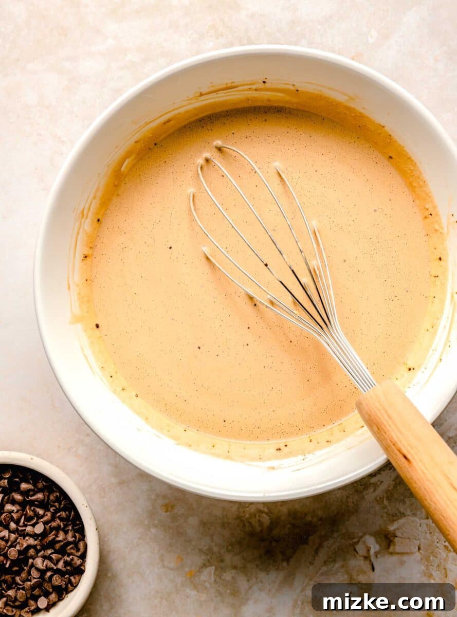 Espresso Chocolate Chip Bliss 5 Espresso ice cream mixture in a white bowl, being whisked to combine all ingredients smoothly.