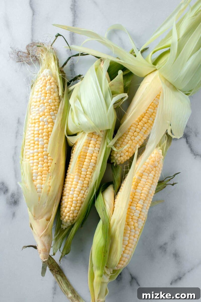 Instant Pot Corn Perfection 3 corn in their husks half shucked on a marble countertop