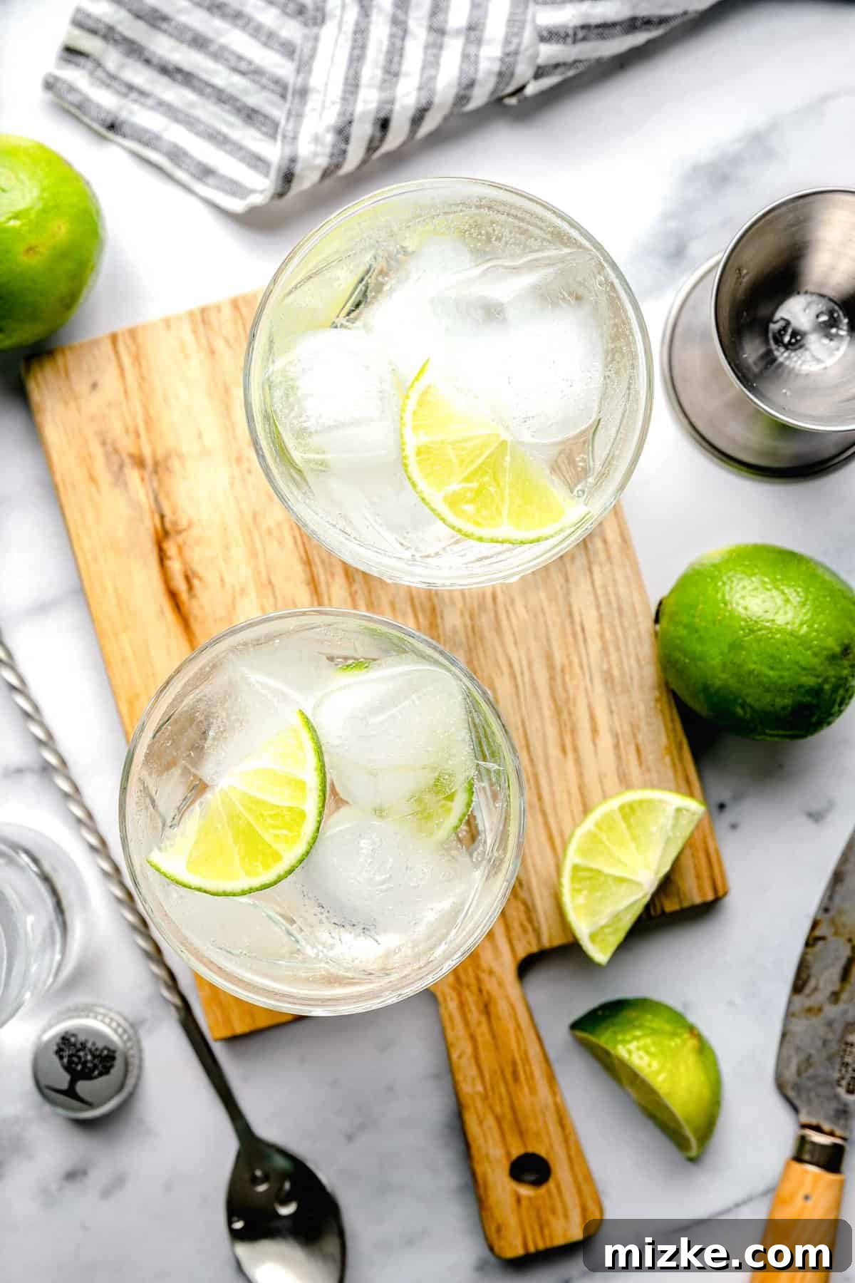 This fizzy, botanical gin and tonic, made with 1 part gin and 2 parts tonic, is garnished with lime and promises pure deliciousness. Two gin and tonics on a cutting board, surrounded by cocktail tools and fresh lime slices.