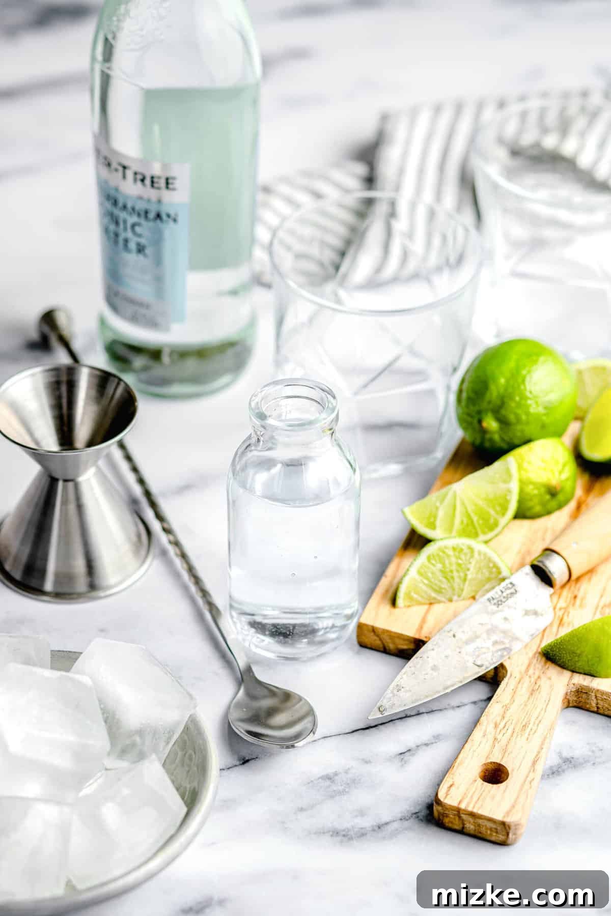 Gather your ingredients for this fizzy, botanical gin and tonic, combining 1 part gin and 2 parts tonic, to be garnished with lime. Ingredients and mixing tools laid out for making a classic gin and tonic.