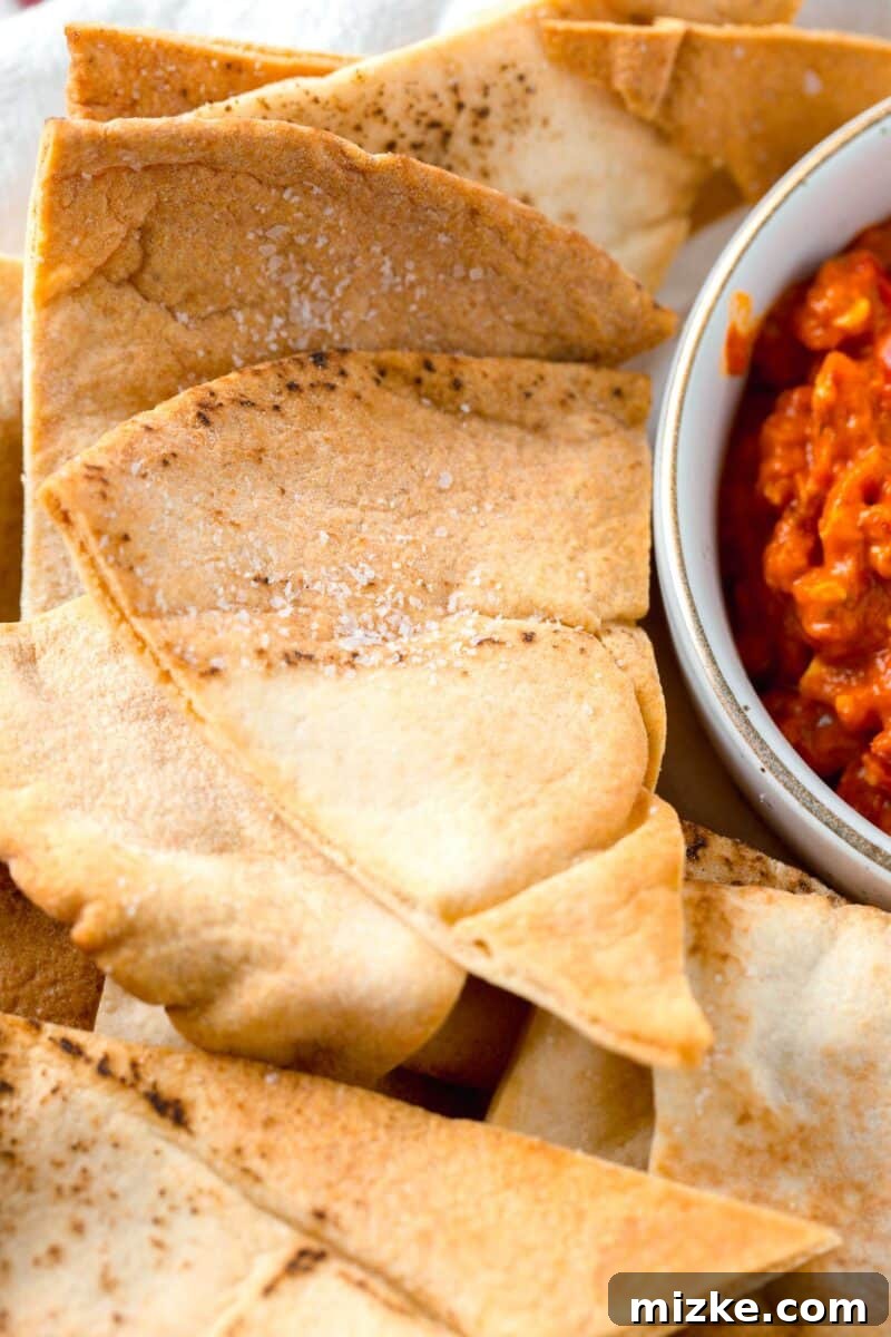 Crispy Air Fryer Pita Chips 7 A close-up shot revealing the delicate texture and sprinkle of salt on a perfectly air-fried pita chip, emphasizing its delicious crispness.