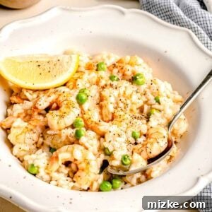 Shrimp risotto in a bowl with a spoon.