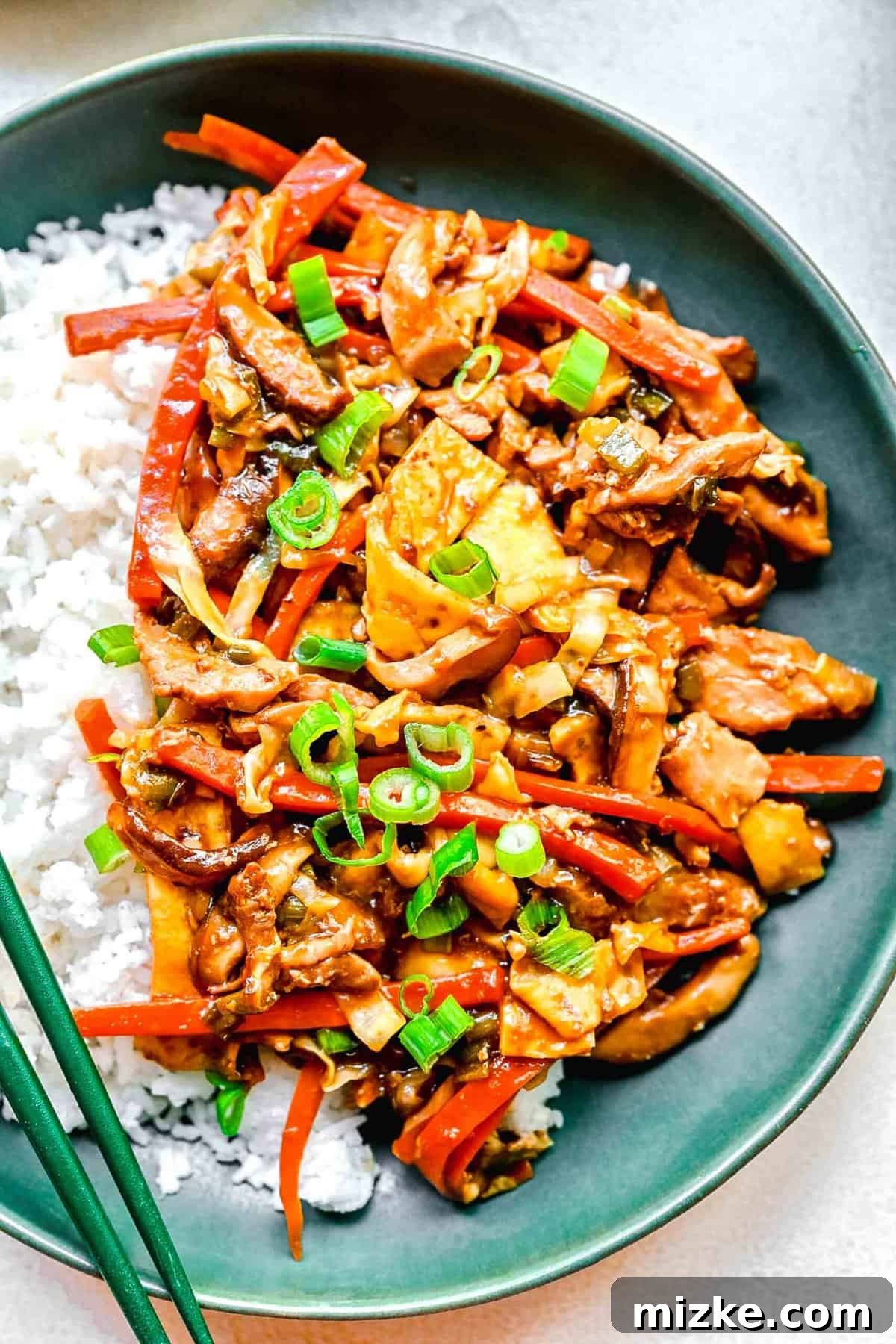 Delicious Moo Shu chicken made with seared chicken, tender cooked veggies, and scrambled egg slices in a savory sauce, ready to be enjoyed. Moo Shu chicken on a plate with white rice and chopsticks, showcasing the rich sauce and vibrant ingredients.