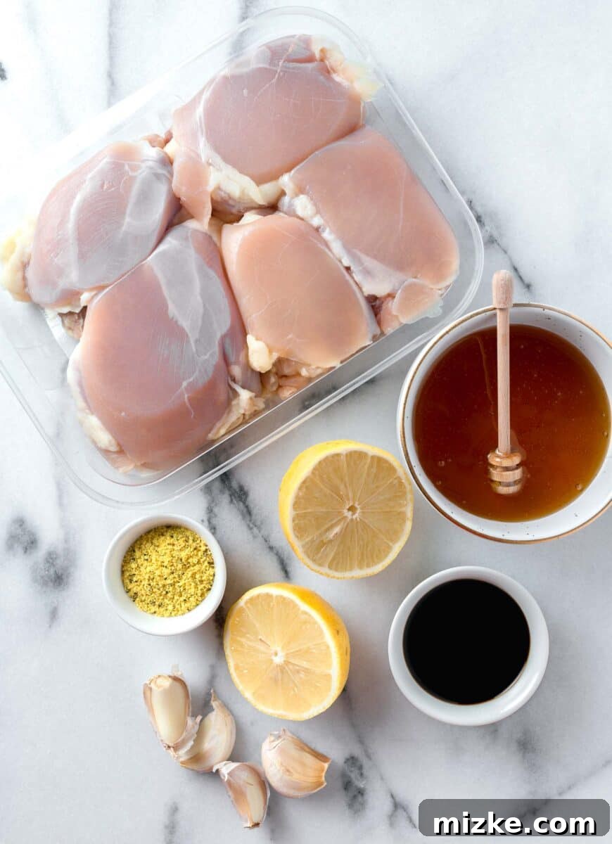 Ingredients laid out for honey garlic lemon pepper chicken thighs