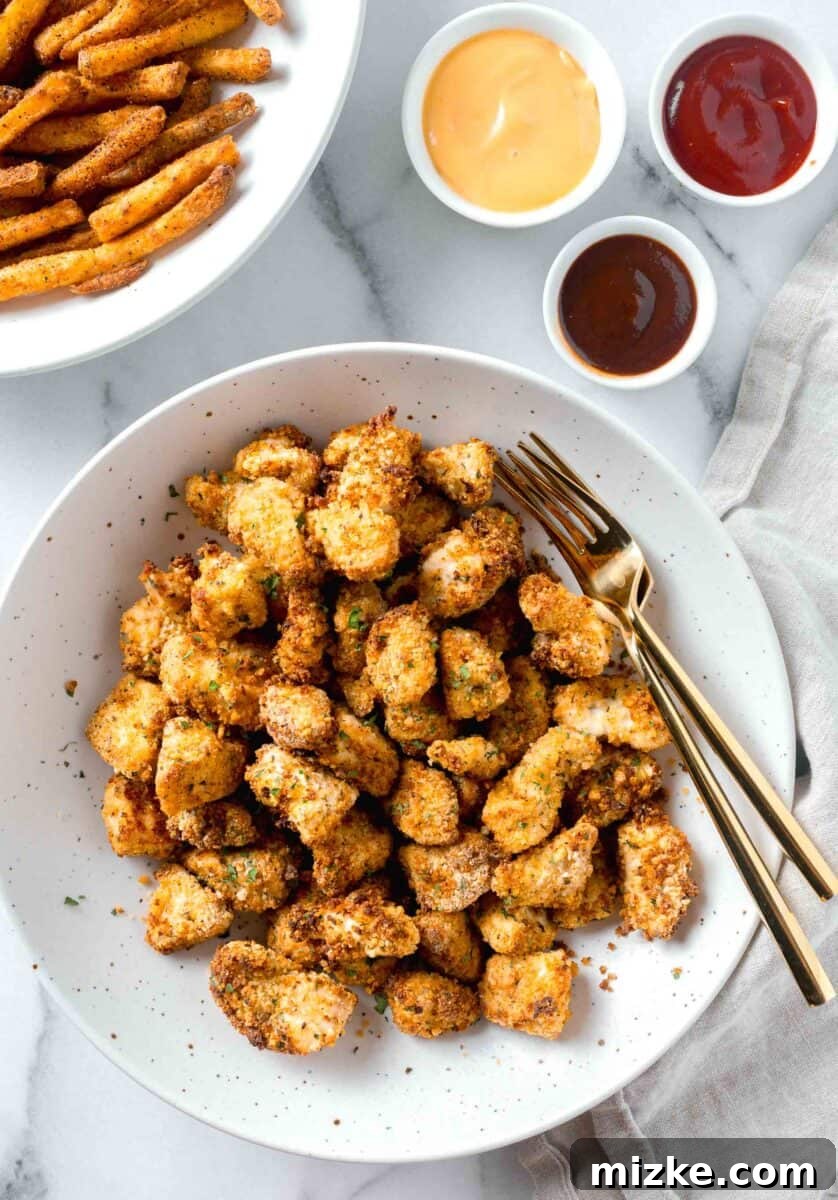 Crispy air fryer chicken nuggets served in a large speckled white bowl with two gold forks, alongside a bowl of fries and various dipping sauces
