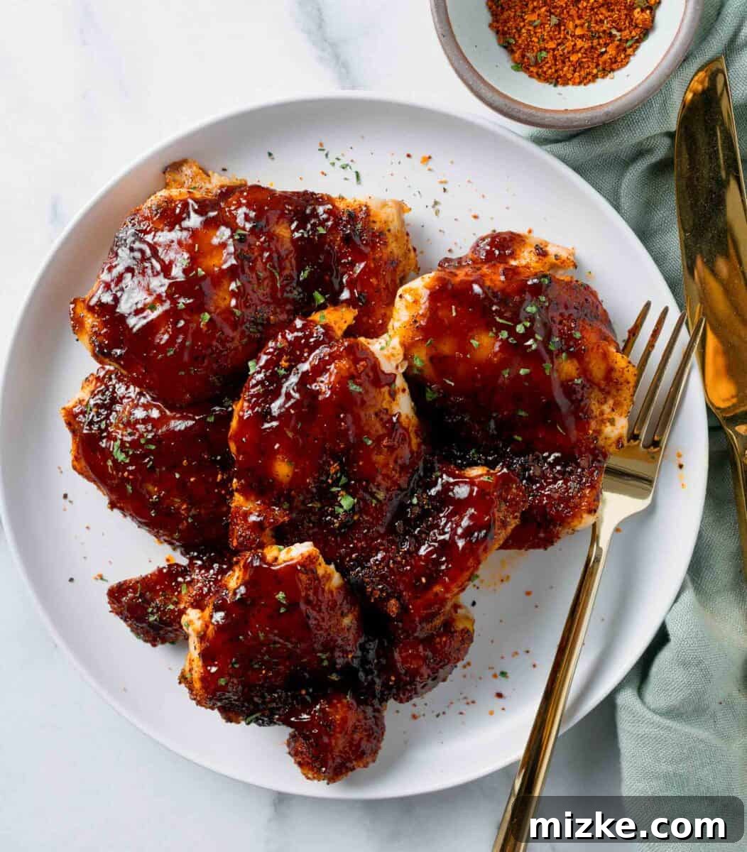 baked bbq chicken thighs with bbq sauce slathered on top next to a gold fork and knife