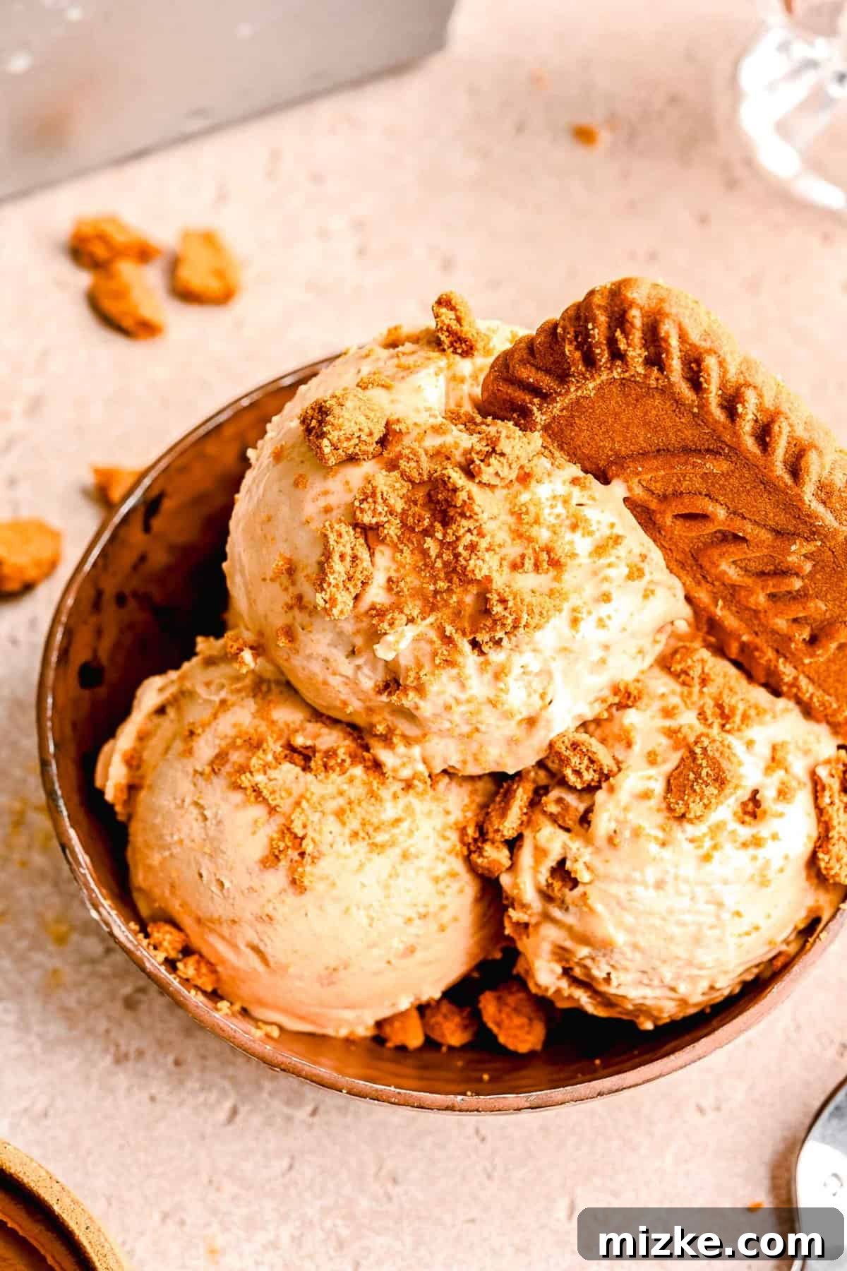 Creamy Biscoff ice cream made with whipped cream, cookie spread, sweetened condensed milk, and crunchy Biscoff crumbs. Scoops of creamy Biscoff ice cream served in a bowl, elegantly topped with a classic Biscoff cookie.