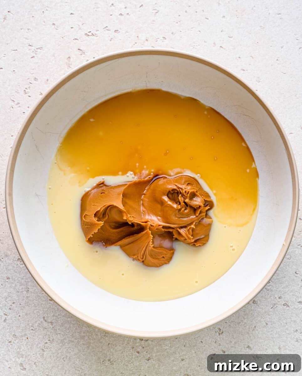 Ingredients for the Biscoff ice cream base. Sweetened condensed milk, Biscoff cookie spread, and vanilla extract being added to a separate mixing bowl.