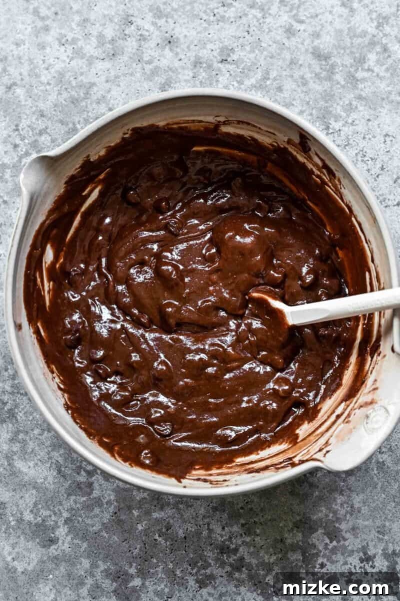 Chocolate chip brownie batter in a mixing bowl.