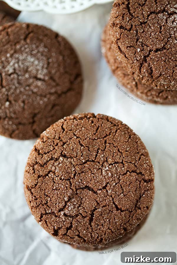 Close-up of a Chocolate Sugar Cookie, showing its soft texture and granulated sugar coating | tablefortwoblog.com