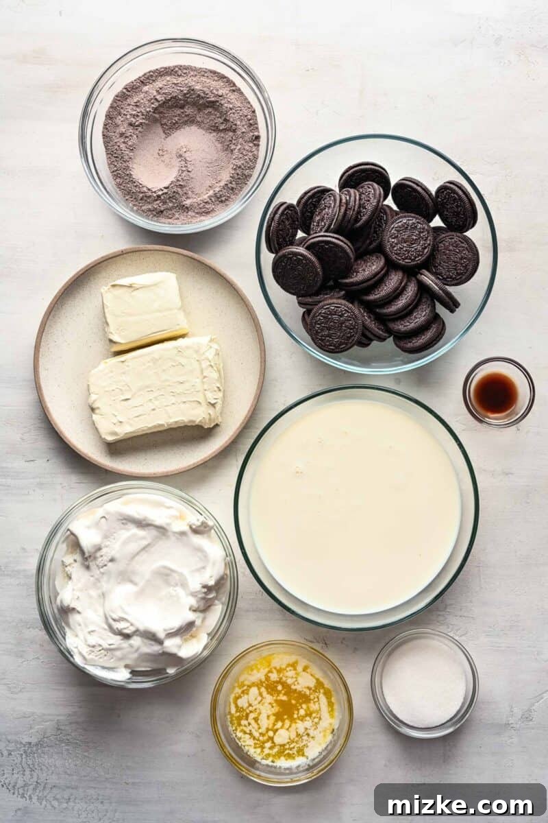 No-Bake Chocolate Dream 3 Ingredients for chocolate lasagna laid out on a counter