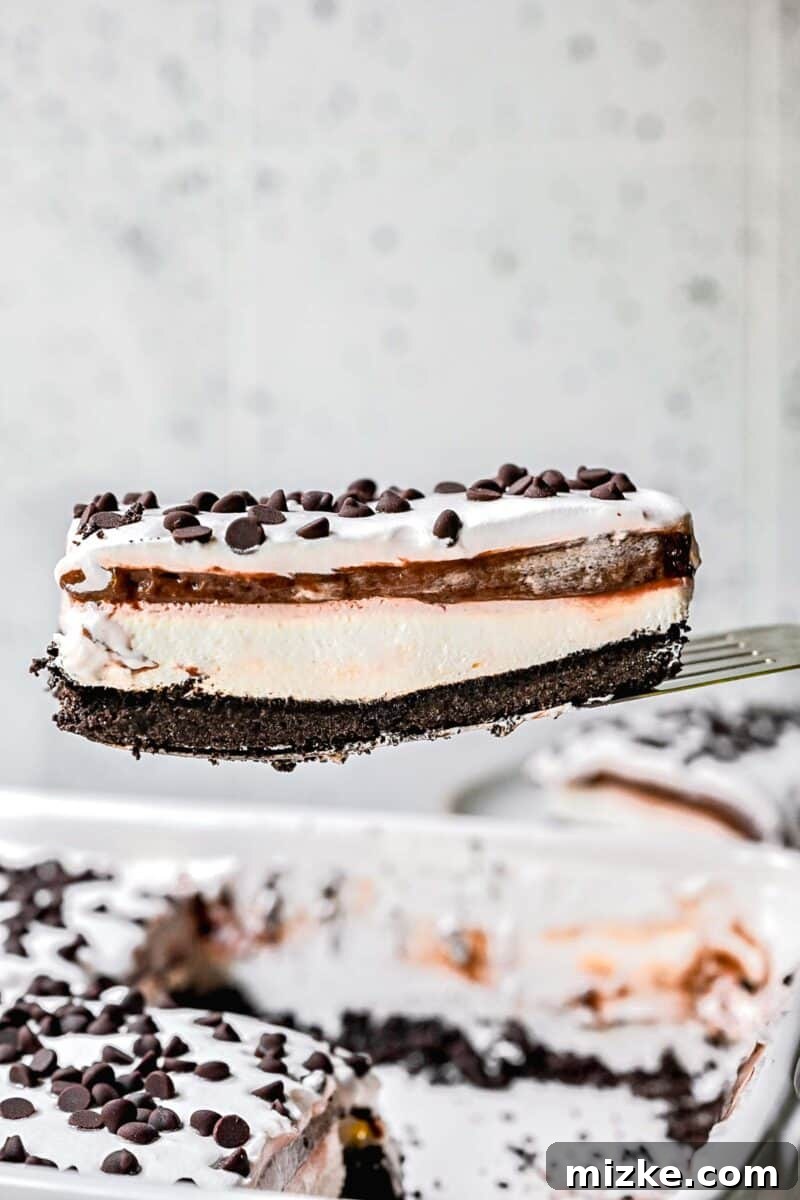 No-Bake Chocolate Dream 4 A slice of chocolate lasagna on a metal spatula, clearly showing all the decadent layers.