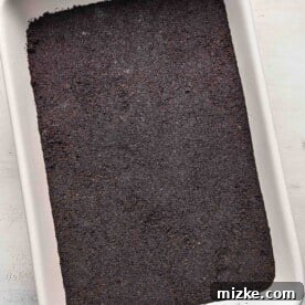 Oreo layer pressed into a 9x13 ceramic baking dish