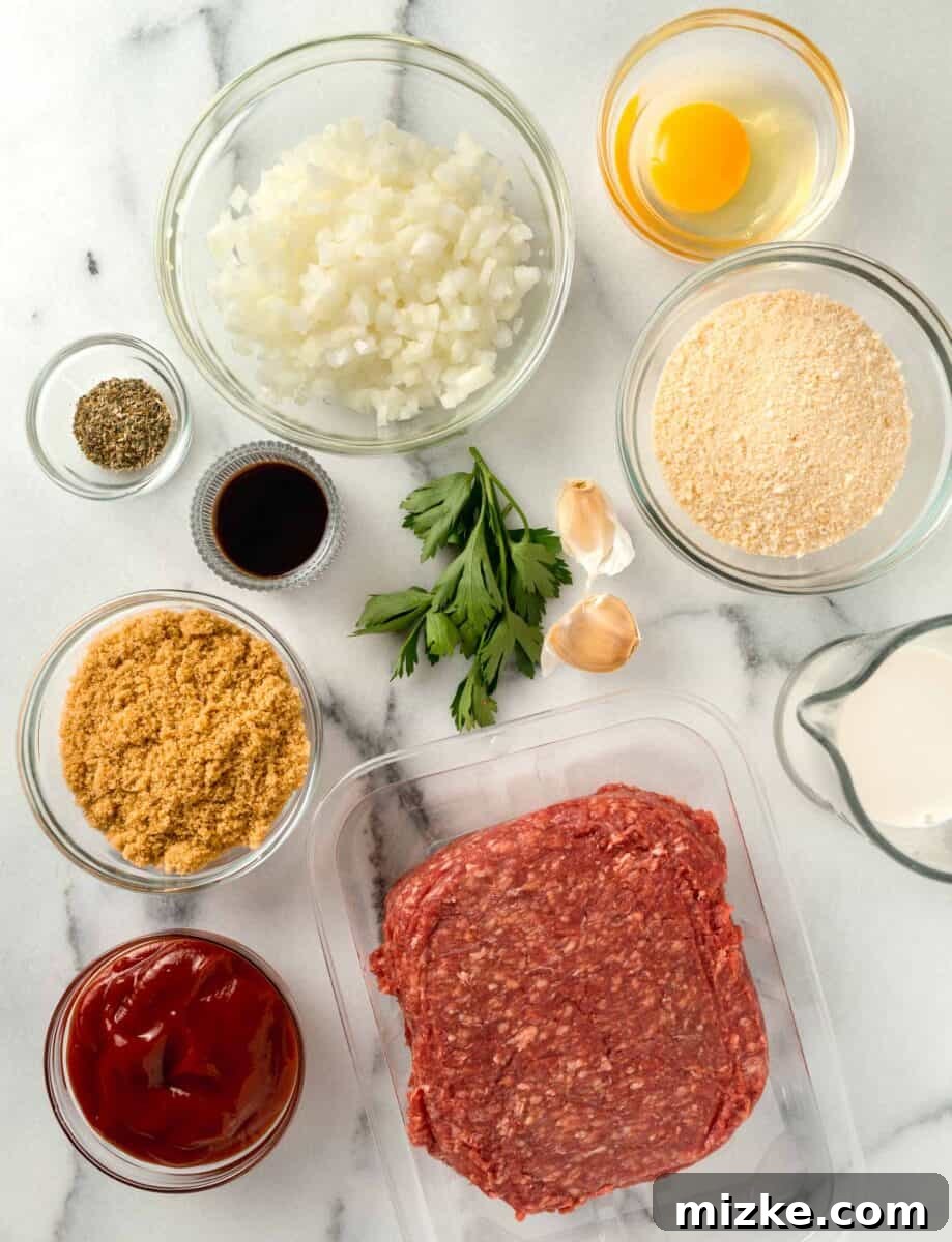 A selection of fresh ingredients neatly arranged, ready for making delicious air fryer meatloaf.