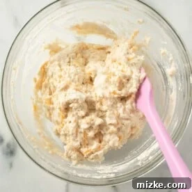 Hearty Stovetop Chicken and Dumplings with Biscuits 12 Biscuit mixture stirred together with a spatula in a glass bowl.