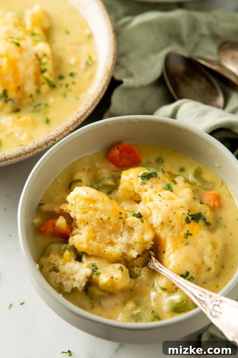 Hearty Stovetop Chicken and Dumplings with Biscuits 5 A cheddar biscuit broken in half to reveal its fluffy, airy interior, resting on top of a creamy bowl of chicken and dumplings.