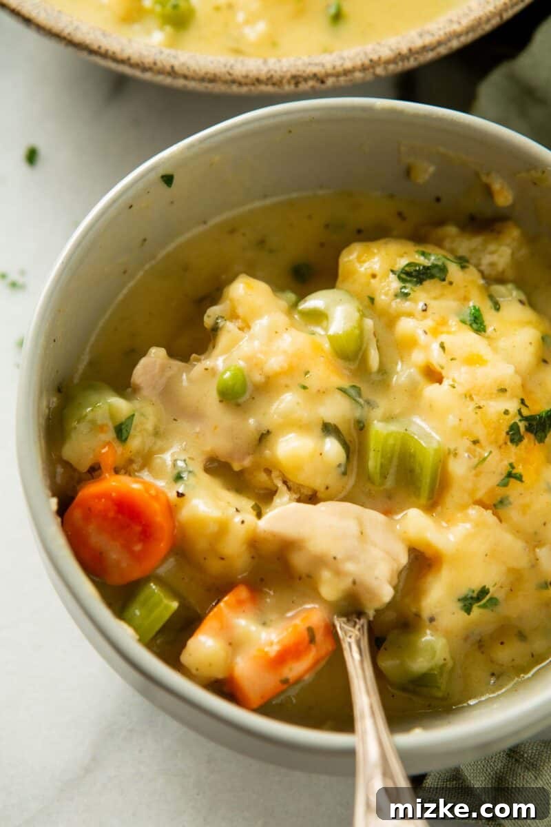 Hearty Stovetop Chicken and Dumplings with Biscuits 6 A close-up of a creamy chicken and dumpling mixture in a grey bowl, showcasing the rich texture and ingredients.