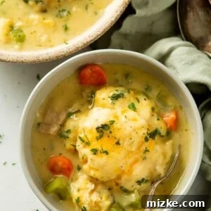 Hearty Stovetop Chicken and Dumplings with Biscuits 7 A grey bowl next to another bowl both filled with chicken and dumplings soup and a big cheddar biscuit on top