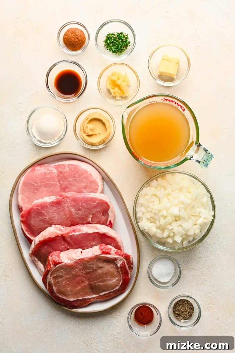 Perfectly Tender Instant Pot Pork Chops 3 A visual display of all ingredients required for making instant pot pork chops