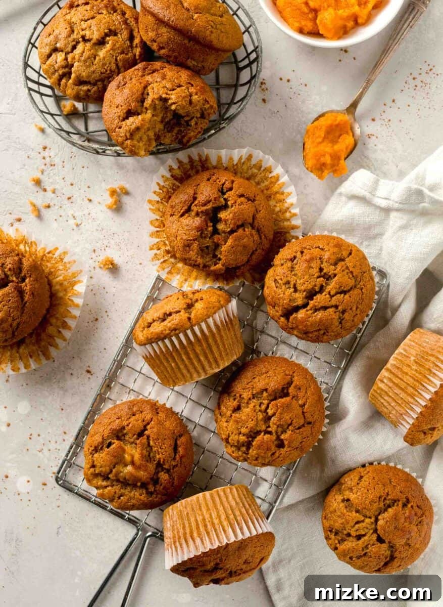 The perfect Fall baking treat, these pumpkin banana muffins are bouncy, tender, and oh-so-moist. You will absolutely fall in love with these! Overhead view of perfectly baked pumpkin banana muffins on a wire cooling rack, with more muffins artfully arranged in a rustic basket, and a spoonful of vibrant pumpkin puree nearby.