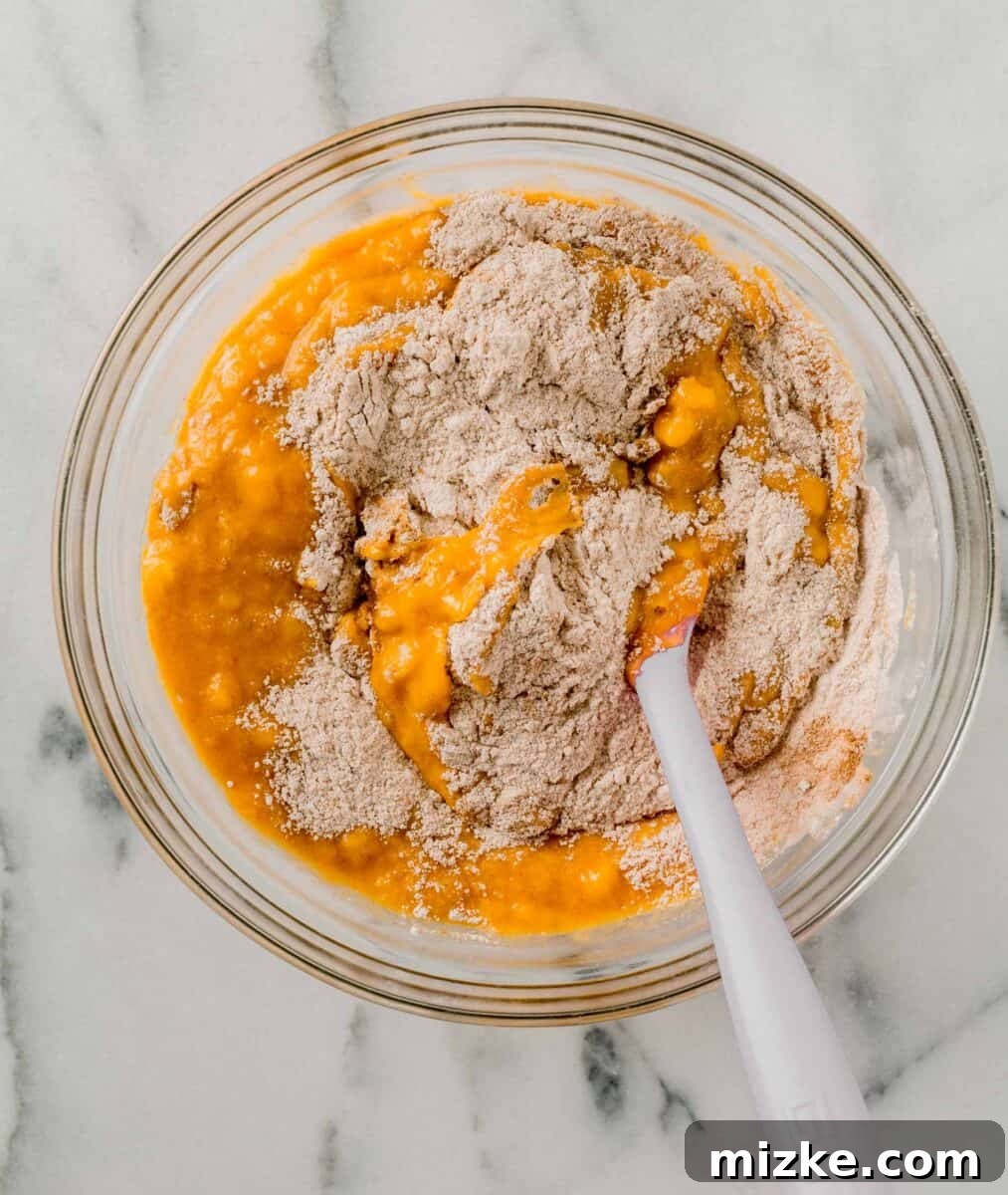 The perfect Fall baking treat, these pumpkin banana muffins are bouncy, tender, and oh-so-moist. You will absolutely fall in love with these! Using a silicone spatula, dry flour mixture is gently stirred into a bowl of wet ingredients, ensuring all components are just combined without overmixing the pumpkin banana muffin batter.