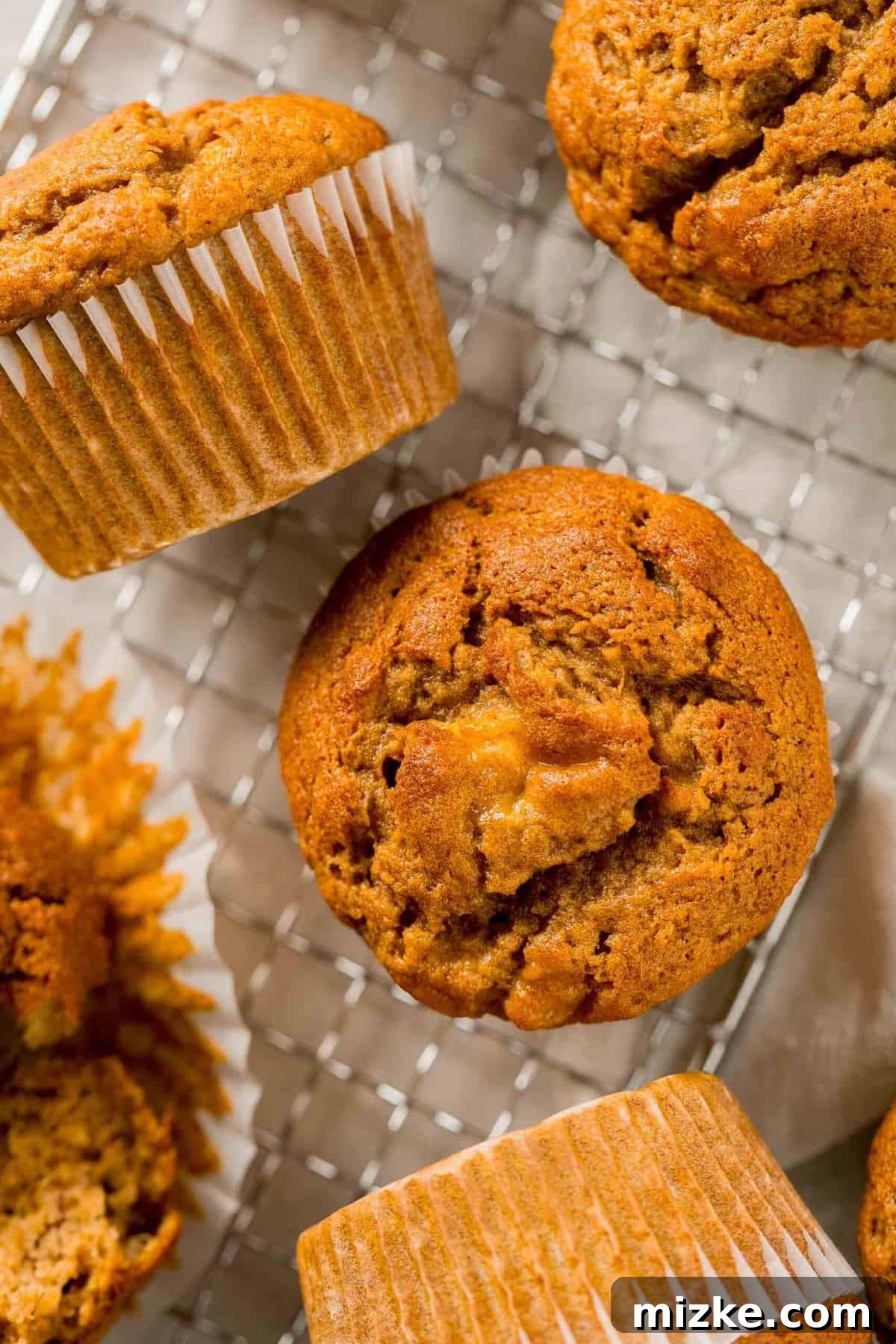 The perfect Fall baking treat, these pumpkin banana muffins are bouncy, tender, and oh-so-moist. You will absolutely fall in love with these! An inviting overhead view of freshly baked pumpkin banana muffins cooling gracefully on a wire rack, showcasing their perfect domed tops and golden-brown hue.