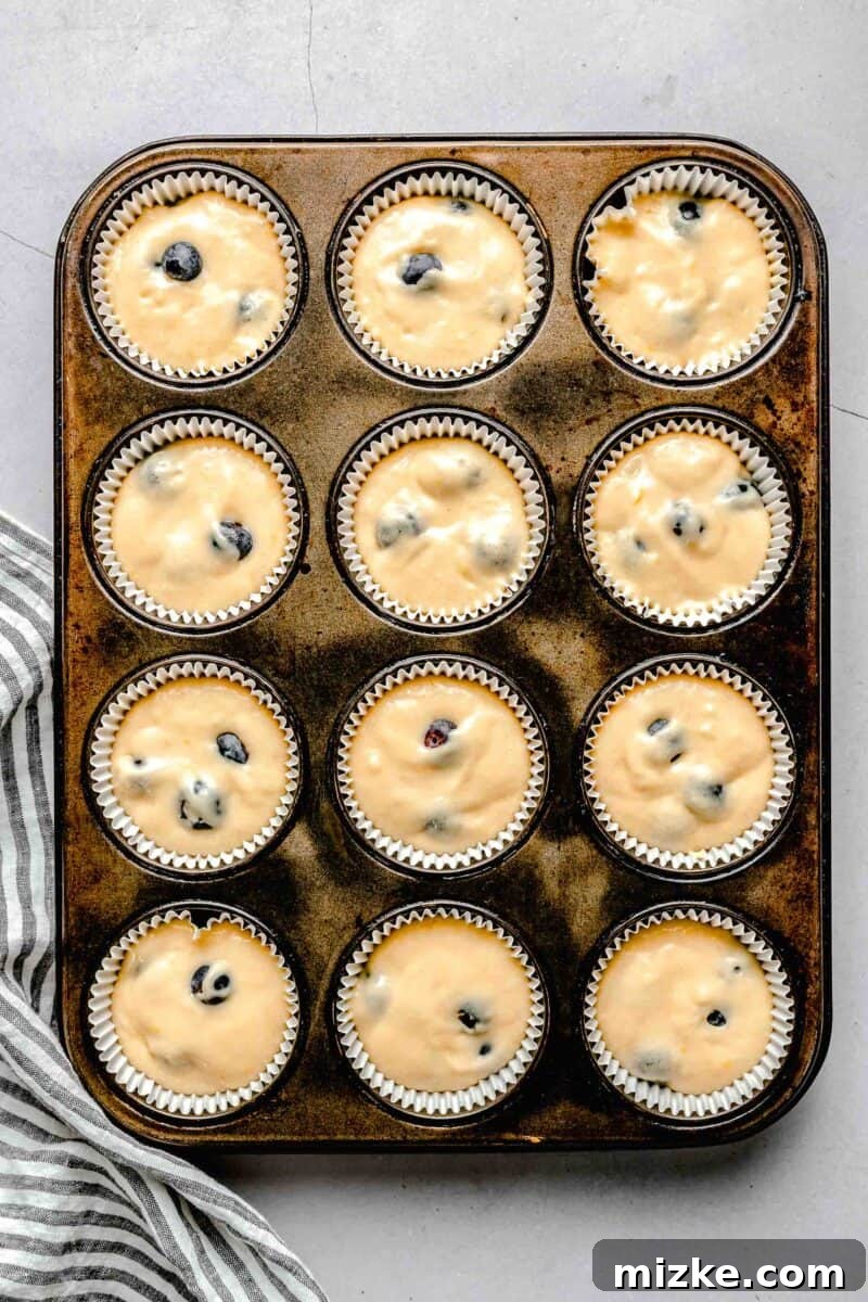 muffin liners filled with lemon blueberry cupcake batter in an aged muffin tin