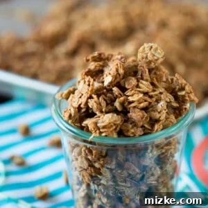 Finished peanut butter granola in a bowl, garnished for serving