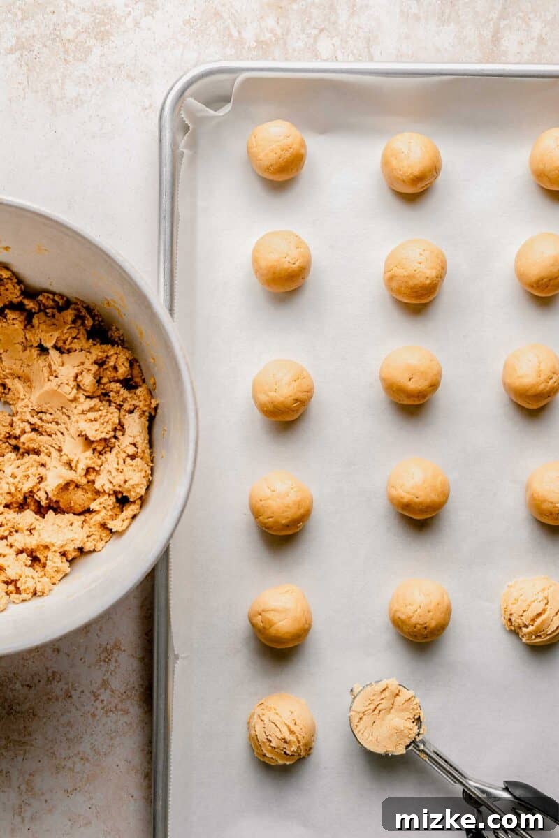 Creamy peanut butter sweetened with powdered sugar is rolled into balls and coated in chocolate to make these decadent peanut butter balls. Hands gently rolling the peanut butter mixture into small, uniform balls, ready for chilling.