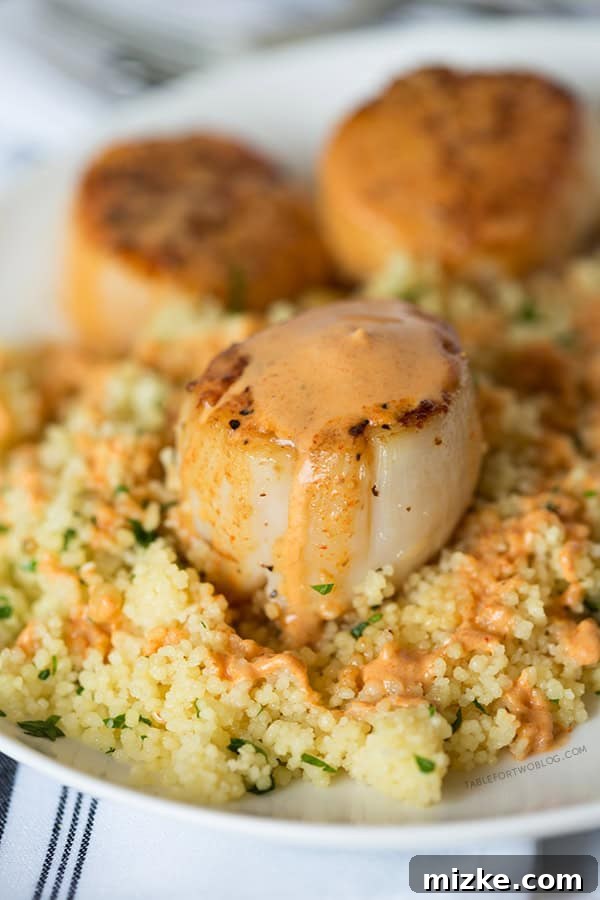 Delicious Scallops with Spicy Curry Sauce and Couscous A beautifully plated dish of seared Scallops with Spicy Curry Sauce, garnished and ready to serve.