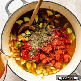 Stirring diced tomatoes, vegetable broth, tomato paste, and Italian seasoning into minestrone soup.