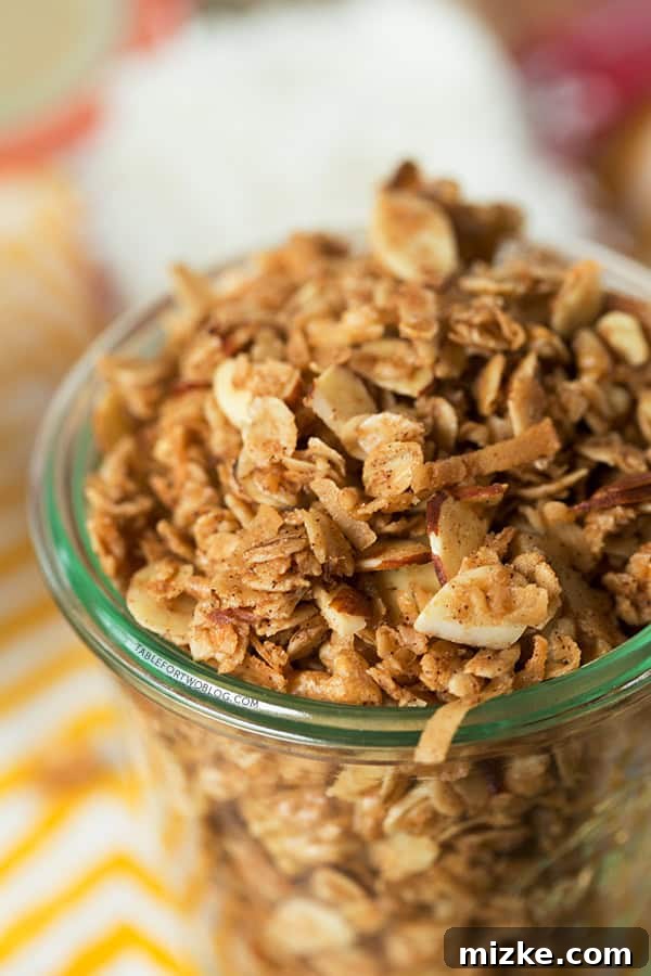 Toasted Coconut in Granola - Table for Two Blog Close-up of toasted coconut flakes in granola