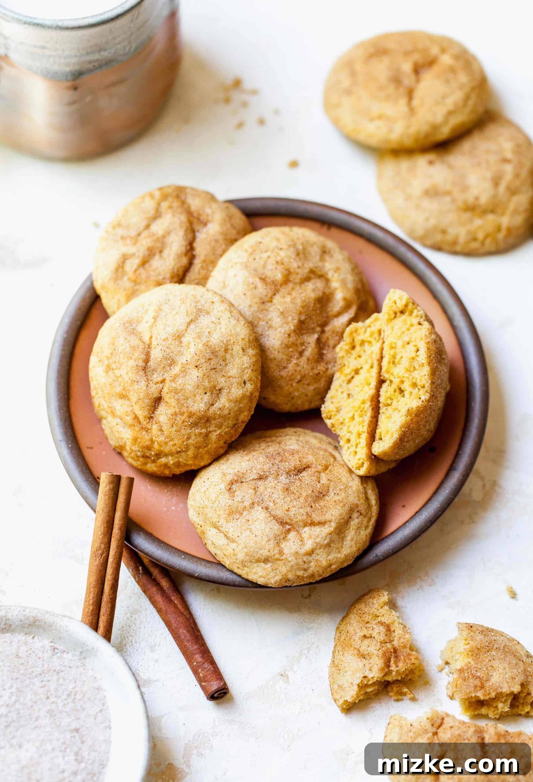 Harvest Pumpkin Spice Snickerdoodles 5 Close-up shot of a single pumpkin spice snickerdoodle cookie with a light dusting of cinnamon sugar.