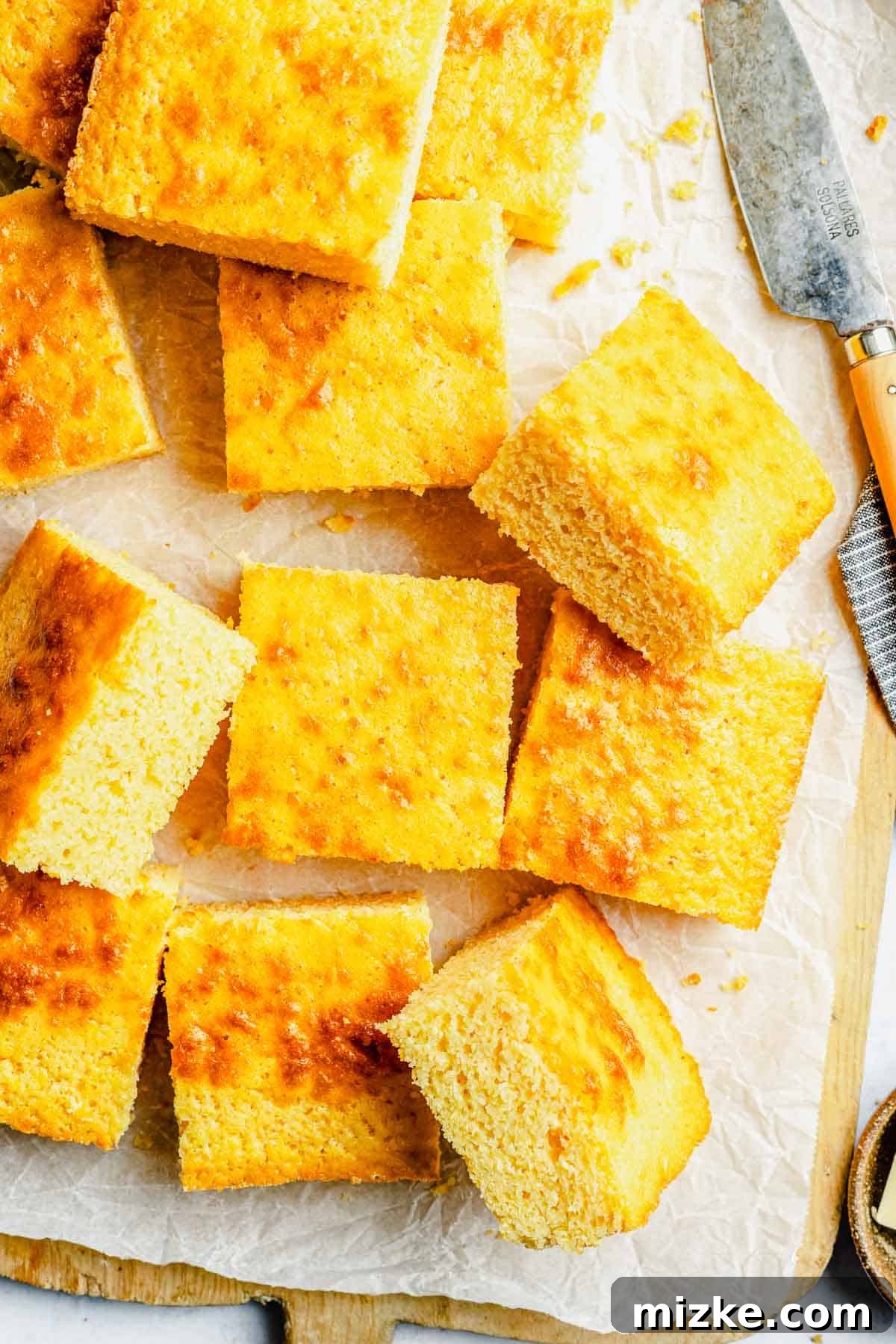 A captivating overhead shot of perfectly baked cornbread slices, stacked neatly on a cutting board lined with parchment paper, highlighting their golden crust and crumbly texture.