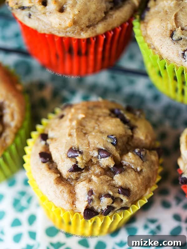 Golden Banana Peanut Butter Chocolate Chip Muffins for Breakfast or Snack Freshly baked Banana Peanut Butter Chocolate Chip Muffins cooling on a wire rack, showcasing their golden tops and visible chocolate chips. A perfect way to use up extra ripe bananas.