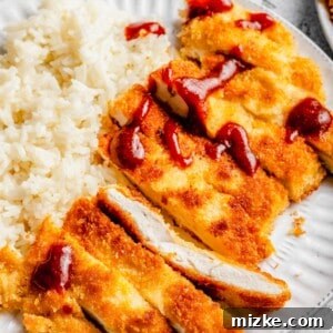 A finished plate of chicken katsu with rice and sauce