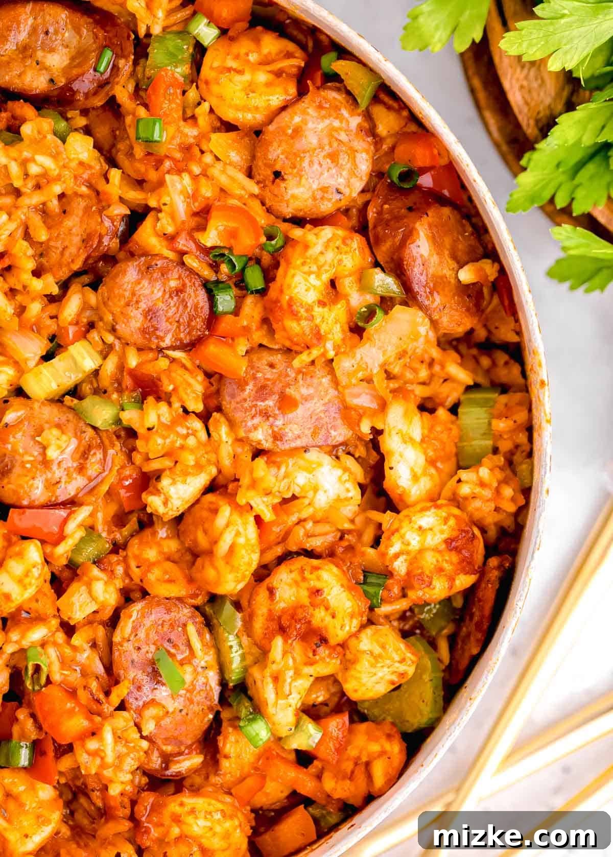 Hearty Chicken and Sausage Jambalaya 11 overhead image of chicken and sausage jambalaya