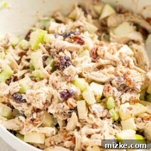 cranberry pecan chicken salad in a large white bowl, ready to be served