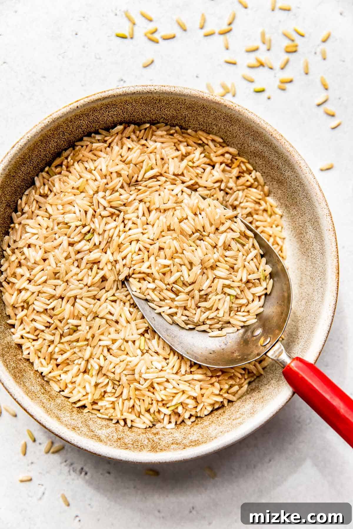 Perfect Brown Rice Every Time 2 a metal scoop with a red handle is in the center of a brown bowl with uncooked brown rice grains