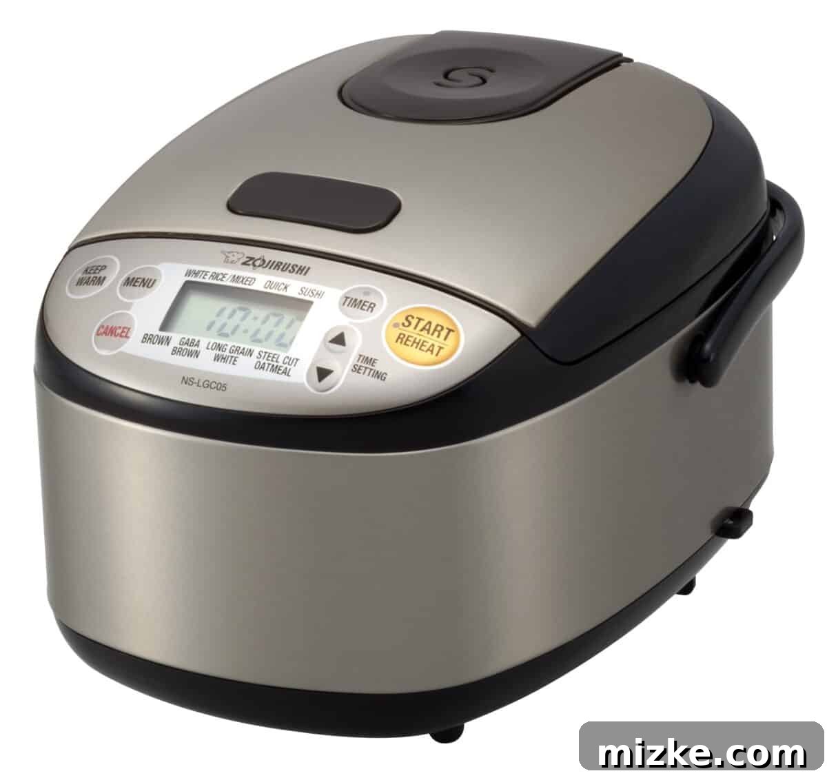 a zojirushi brand micom rice cooker in greige, showcasing its modern design and digital display