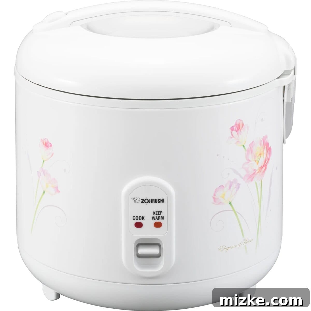 a conventional zojirushi rice maker in white, with a spring-loaded thermal sensor and inner pot visible, accompanied by pink tulips