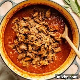 A pot of shredded lamb in tomato sauce with a wooden spoon, garnished with fresh herbs on the side.