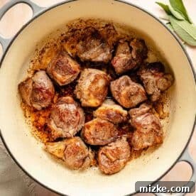 Chunks of browned lamb shoulder in a round pot with herbs like rosemary, thyme, and sage nearby.