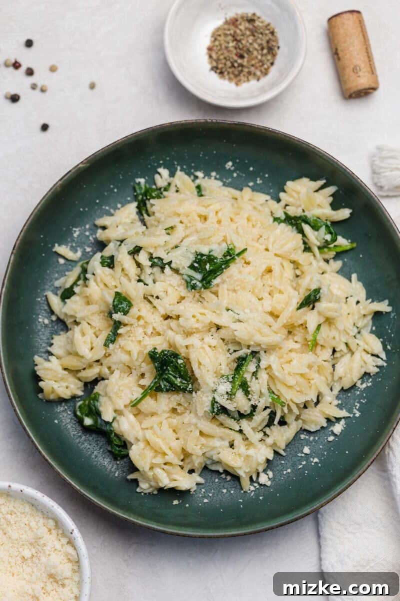 Velvety Spinach Parmesan Orzo 3 Close-up of creamy Parmesan and spinach orzo, showcasing the rich, velvety sauce and tender pasta grains, ready to be enjoyed.