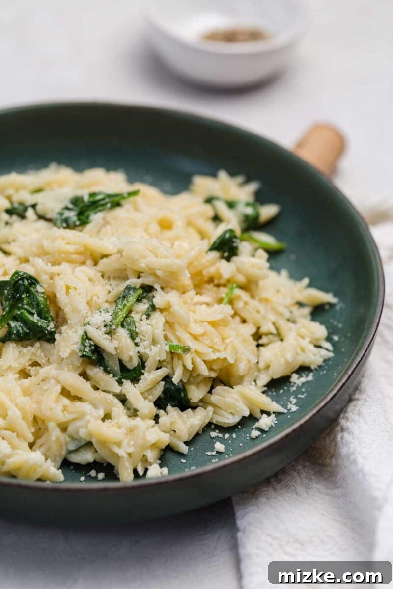 Velvety Spinach Parmesan Orzo 4 A vibrant serving of Parmesan and spinach orzo in a white bowl, elegantly garnished with extra cheese and a sprig of fresh herbs.